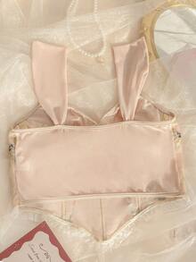 EZNV 1pc Lace Embroidery Fishbone Strap Backless Breathable Crop Corset Tank Top - Apricot - View 6