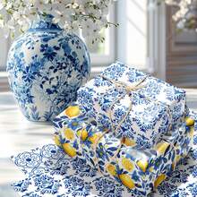 12张青花瓷柠檬礼品包装纸，6种不同风格的柠檬礼品包装装饰，适用于生日派对、单身派对、婚礼、各种节日礼品包装装饰 - 彩色 - 查看 2