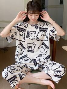 AICJ 2 件女士和女孩休闲可爱卡通小猫和字母印花粉色上衣、3/4 短裤/长裤、居家派对度假睡衣套装，适合春夏季 - 米色 - 查看 6