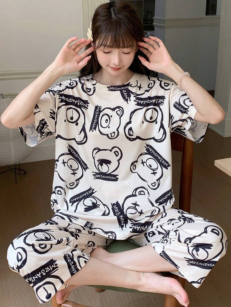 AICJ 2 件女士和女孩休闲可爱卡通小猫和字母印花粉色上衣、3/4 短裤/长裤、居家派对度假睡衣套装,适合春夏季 - 米色 - 查看 1