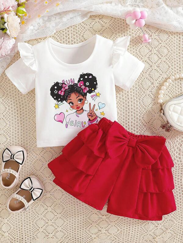 2pcs Baby Girls Crew Neck Ruffle Sleeve Cartoon T-Shirt And Multi Layer Ruffle Trim Shorts Set, Suitable For Casual Outings In Spring/Summer