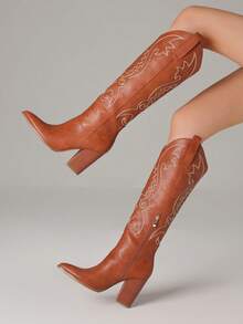 Knee High Cowboy Boots For Women Pointed Toe Chunky High Heels Pull-On Embroidered Boots Western Boots Wide Calf Cowgirl Boots - 棕色 - 查看 4