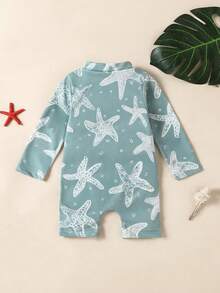 Traje de baño de una pieza para bebés/recién nacidos niños con estampado digital de estrella de mar, cuello redondo, manga larga y cierre delantero para vacaciones informales - Verde - Ver 2