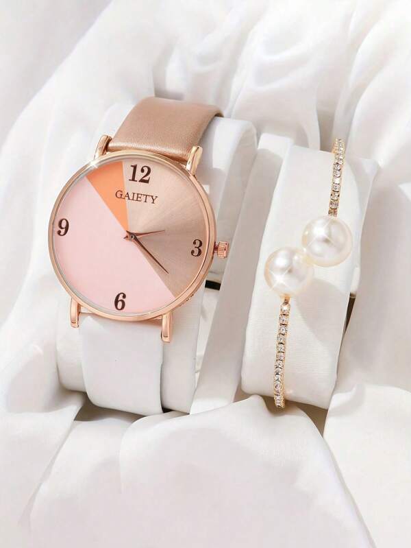 Set de 2 piezas de reloj de cuarzo de moda para mujer y pulsera de piel de imitación de perla y circonia, con esfera redonda de números metálicos simples. Adecuado como regalo para el Día de la Madre, Día del Maestro, Acción de Gracias, Graduación y Cumpleaños.