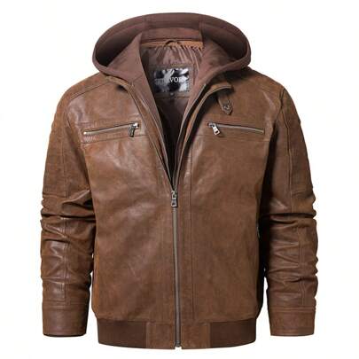 Spring/Fall  Winter    Regular Fit    Men's   Real Leather  Motorcycle   Biker   Jacket   With Removable Hood  Brown
