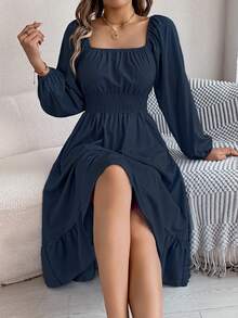 Autumn And Winter Leisure Vacation Small Floral Solid Color Square Neck Long Sleeve Women's Dress - 藏蓝色 - 查看 6