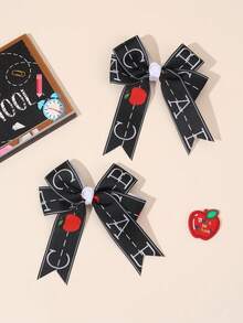 2 件装学生返校发饰 Apple Pencil 校车字母图案蝴蝶结发夹白色黑色罗缎丝带蝴蝶结鳄鱼夹可爱 Apple Pencil 校车字母印花蝴蝶结发夹可爱返校蝴蝶结发夹适合开学第一天女士发饰、扁平爪夹、发夹、发夹 - 彩色 - 查看 8