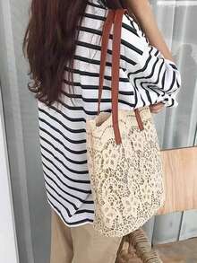 优雅的花卉蕾丝手提包和小号抽绳化妆包，旅行沙滩包，可爱的钱包，别致的单肩和腕部手提包，带磁扣，复杂的编织设计，可折叠设计，涤纶，非常适合购物、旅行、海滩和日常工作、通勤、购物