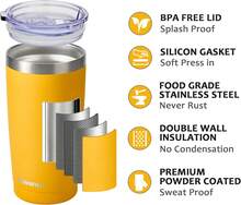 Travel Coffee Tumbler 20 Oz, Insulated Mug With Lid, Stainless Steel Cup For Hot And Cold Drinks, Powder Coated Yellow - 黃色 - 查看 2