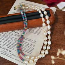 Boho Vacation Style Natural Cultured Baroque Pearl & Colorful Disc Beads Necklace, Suitable For Daily Wear For Women