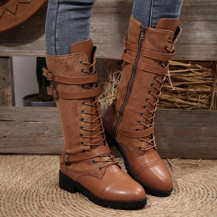 女士时尚圆头厚底侧拉链中筒靴，新款休闲户外鞋