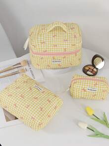 1 Peça/Conjunto Bolsa Cosmética Grande com Capacidade Multiuso, Padrão Xadrez Amarelo e Laço, Bolsa de Armazenamento de Viagem Portátil com Zíper, Adequada para Uso Doméstico, Viagem, Férias e Escola, Essenciais de Viagem, Essenciais de Cruzeiro, Essenciais de Deslocamento Diário, Presentes de Dama de Honra de Casamento, Presentes da Temporada de Volta às Aulas e Presentes de Feriados