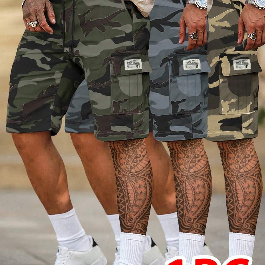 1pc Men'S Summer Camo Cargo Shorts With Multiple Pockets, Drawstring Waist, And Letter Patch - Casual Five-Point Outdoor Shorts For Hiking, Fishing, And Casual Attire, Hiking Apparel | Letter Patch Shorts | Non-Stretch Fabri - Camouflage Army Green - View 1