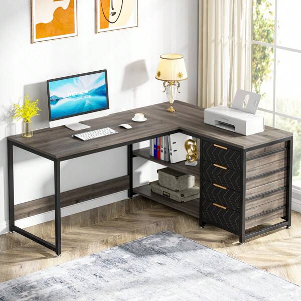 Tribesigns Tribesigns Schreibtisch mit 4 Schubladen, L-förmiger Computertisch mit 2 Ablagen, Reversible Eckschreibtisch für Büro,Arbeitszimmer, Wohnzimmer, Grau, 155*110*75cm