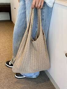 Distinctive Mori Style Knitted Tote Bag - Casual Lightweight Shoulder Handbag With Foldable Design, Boho Crochet Tote Bag - Fashionable Summer Beach Shoulder Bag With Beige/Ivory Hollow Weave Design, Suitable For Women, Art, Shopping Bag, Cute Y2K Crochet Bag For Casual Outings And Relaxation, Beach Bag With Lovely Love Pattern Knitted Shoulder Bag, Suitable For School, Travel, Shopping