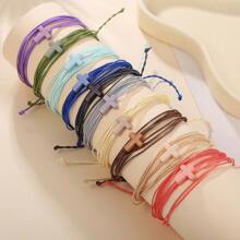 10pcs/Set Adjustable Braided Wax Cord Bracelet Anklet With Cross Charm, Colorful Set For Beach/Surfing