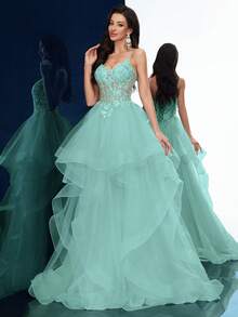 女士正式礼服优雅夏季晚礼服毕业生日派对舞会纯色贴花无袖层叠下摆及地长裙