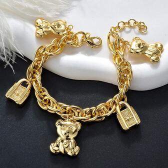 1pc 14K Gold Plated Copper Teddy Bear Pendant Bracelet, Elegant & Cute Copper Jewelry Suitable For Daily Wear, Gifts, Weddings And Parties, Perfect Romantic Present