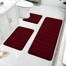 Burgundy Memory Foam Bath Mats, Non Slip Extra Soft Absorbent Machine WashableToilet Bathroom Rug Set 3 Piece (20"X32"+24"X44"+U Shape 20"X24") - Burgundy - View 1