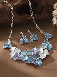 Boho Beach Style Adjustable Women Zinc Alloy Earrings Necklace Jewelry Set - Plumeria Extension Design In Blue & Khaki, Elegant Vintage Versatile For Daily, Party, Beach, Vacation, Unique Holiday Gift