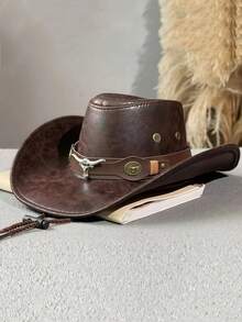 1pc Women's Denim Hat, Fashion Leather Heart-Shaped Crown Rolled Brim Cowboy Hat, Unique Outdoor Travel Party Performance Cap, Paired With Wide Belt & Bull Head Metal Belt Decor, Unisex Versatile Style - Brown - View 10