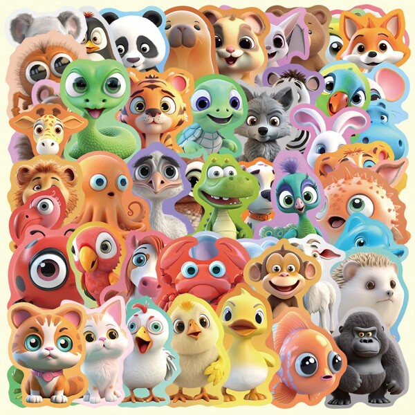 50 stuks 3D-stickers met schattige gekleurde dierenrand, zelfklevende PVC-stickers in gemengde kleuren voor waterflessen, skateboards, laptops, telefoonhoesjes, bagage en doe-het-zelf-knutsels, waterdichte stickerverpakking