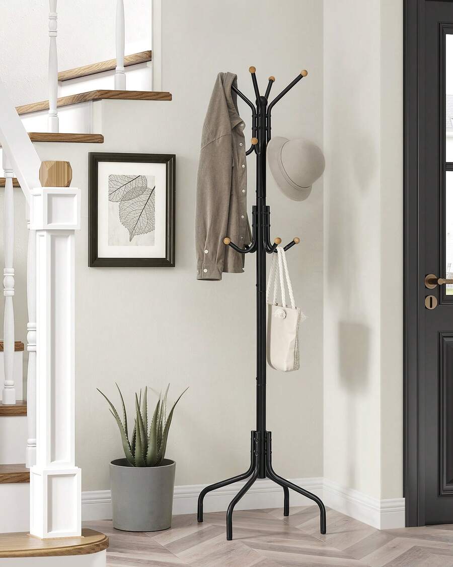 Porte-manteau sur Pieds, avec 12 Crochets, 4 Pieds, pour Manteaux, Chapeaux, Sacs, pour Entrée, Chambre, Bureau, Noir - Noir - Voir 1