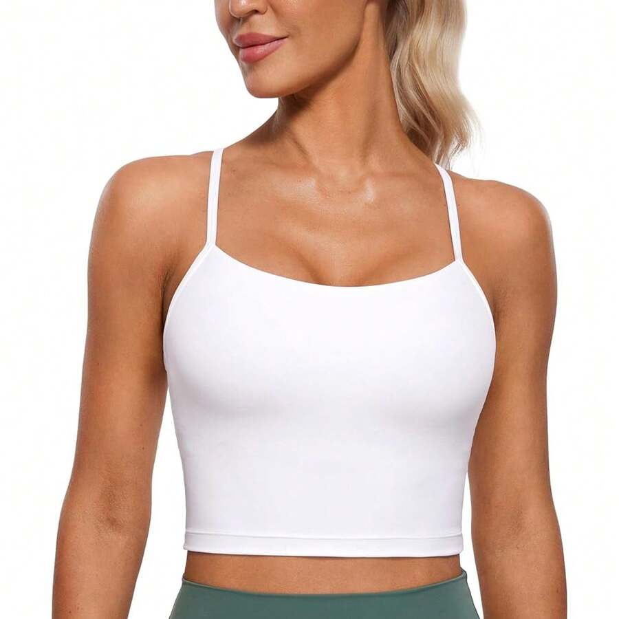 Neww  Womens Butterluxe Y Back Longline Sports Bras - Spaghetti Straps Rback Padded Yoga Workout Crop Tank Top - White all - View 1