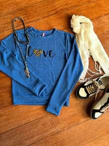 Fleece Blouse With Cuffs And Love Print, Warm Winter - 藍色 - 查看 2