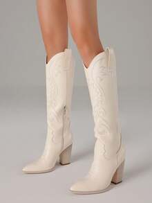 Knee High Cowboy Boots For Women Pointed Toe Chunky High Heels Pull-On Embroidered Boots Western Boots Wide Calf Cowgirl Boots - Màu be - Xem 6