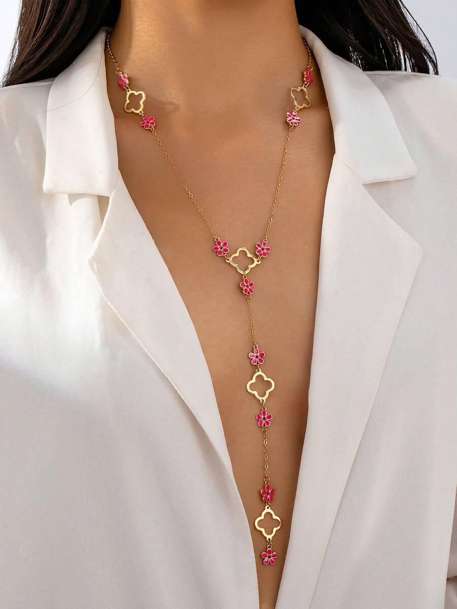 1pc Fashionable Unique Lucky Flower Y-Shaped Long Necklace - Yellow Gold - View 1