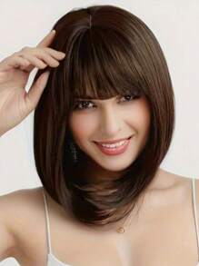 12 Inch Heat-Resistant Deep Brown Bob Wig, With Bangs, Straight Hair, Easy To Style, Suitable For All Occasions For Women