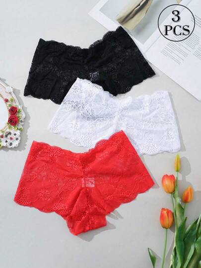 3 Pairs Women's Floral Lace Pattern Fashion Panties
