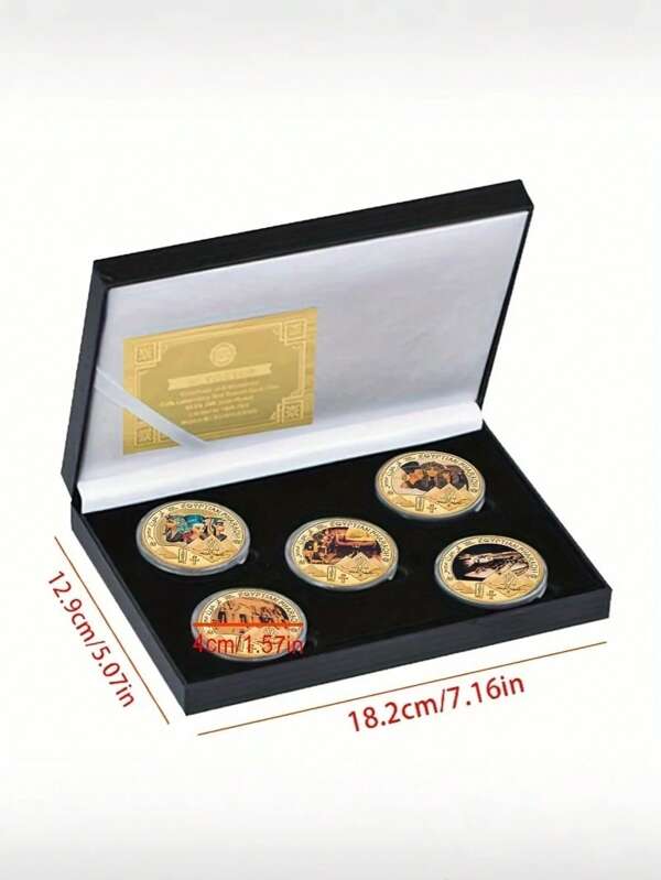 1set/6pcs-5 Egyptian Pharaoh Gold-Plated Commemorative Coins, With Gift Box, Egyptian Souvenir Collection Gift, Keychain Version, With Keychain, Party Favors, Birthday Gifts, Gift Fillers, Birthday Party, Room Decoration, Wall Decoration, (Some Parts May Be Random), Festival Essentials, Autumn, Thanksgiving, Halloween, Christmas, Carnival, Halloween Props, Halloween Party, National Day, Autumn