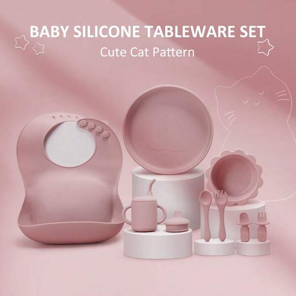 10-Piece Dinosaur Silicone Toddler Feeding Set, With Suction Base & Leakproof Bowl/Plate - Includes Fork, Spoon, Straw Cup, Bib & Anti-Slip Dishes With Suction Base ( 0-5Yrs, Microwave/Dishwasher Safe) Straw Cup Cat-Themed Design