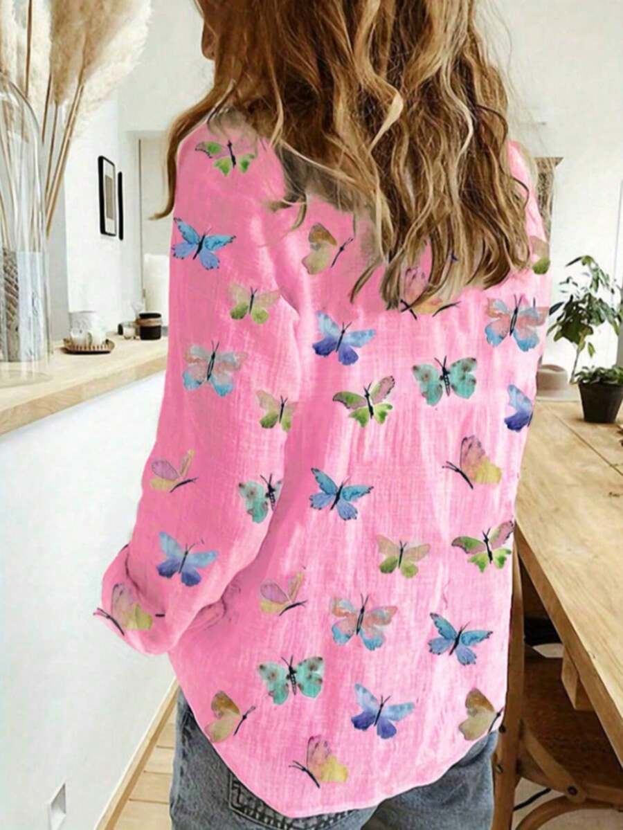 Camisa com botão na frente com estampa de borboleta,  Estilo Europeu e Americano Novo camisa casual de manga longa na primavera e no outono, camisa feminina confortável - Rosa chiclete - Visão 1