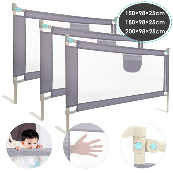 OYAJIA Bettgitter 150cm/180cm/200cm   Bettschutzgitter Kinderbettgitter für Kinder Babybettgitter Klappbar, Kinderbett Kinderbettschutzgitter Rausfallschutz, Bett & Elternbett hoch: 69 bis 98cm, + Tasche, Grau
