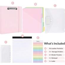 Neww  3 Ring Binder  Clipboard,1 Inch Binder, 13.2" * 10.2" PU Clipboard Binder  Notepad & 5 Dividers  5 Pockets, Labels, Clipboard Folder Great For School Office(Fit Letter Sized Paper) - Pink Letter Size - 1 Inch - View 3
