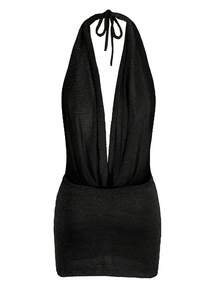 Black Sexy Stacked V Neck Backless Knit Mini Dress 2025 Women Summer Sleeveless Beach Cover Up Vacation Outfit - 黑色 - 查看 5