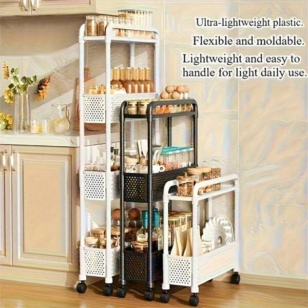 Multi-Layer Space-Saving Narrow Storage Cabinet, Kitchen Organizer Bin, Black & White Plastic Shelving Unit, Floor Standing Shelf Rack, Suitable For Bathroom, Kitchen, Garage Back To School