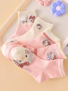 Sanrio 5 pares de calcetines de bebé de Hello Kitty, calcetines infantiles rosas de dibujos animados y adorables, calcetines para el hogar, adecuados para todas las estaciones
