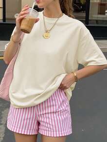 Whale Letter Print Women Short Sleeve T-Shirt, Chinese New Year, Lunar New Year, Year Of The Horse, Spring Festival, Happy New Year, Valentine's Day, Valentine's Day Gift - Apricot - View 2