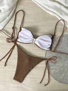 时尚性感海星装饰比基尼套装，纯黄色纹理面料，女士夏季沙滩度假泳装 - 棕色 - 查看 2