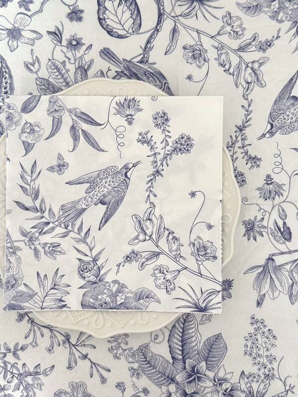 20/40 piezas Servilletas desechables impresas con flores azules y pájaros vintage, decoraciones de boda, 3 capas gruesas, 33x33cm, suministros para restaurante y hotel, adecuadas para el Día de San Valentín, boda, cumpleaños, aniversario, decoraciones de fiesta, suministros de fiesta festivos