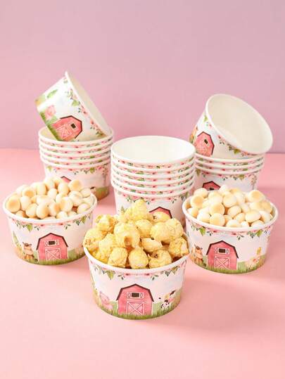 10 piezas de 8 onzas Cuencos de papel desechables con patrón de animales de granja rosa, tazas para helado, cajas de palomitas, recipientes para alimentos, para uso doméstico, restaurante, para llevar, picnic, fiesta, suministros de cocina, embalaje de alimentos, fiesta de cumpleaños con tema de animales de granja, entrega de alimentos y uso diario, bandejas de alimentos, vajilla desechable