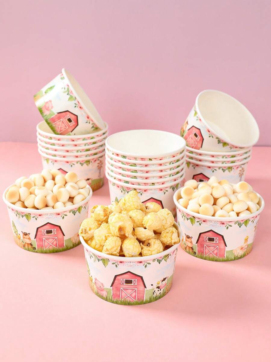 10pcs 8oz Pink Farm Animal Pattern Disposable Paper Bowls, Ice Cream Cups, Popcorn Boxes, Food Containers, Suitable For Home Kitchen, Restaurant Takeout, Picnic Party, Kitchen Supplies, Food Packaging, Farm Animal Theme Birthday Party Tableware, Food Delivery And Daily Use, Food Trays, Disposable Tableware