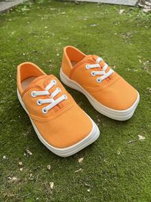1 双橙色帆布系带平底时尚活泼校园风格舒适透气休闲运动鞋，适合学生日常户外活动（随机）