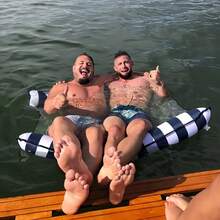 1pc 2-Person Inflatable Water Hammock Lounger, Striped Floating Mat With Mesh Design, Beach Essentials, Beach Accessories, Pool Float - Multicolor - View 6