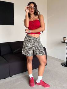 Short casual de mujer con bolsillo frontal y estampado de leopardo, para uso diario