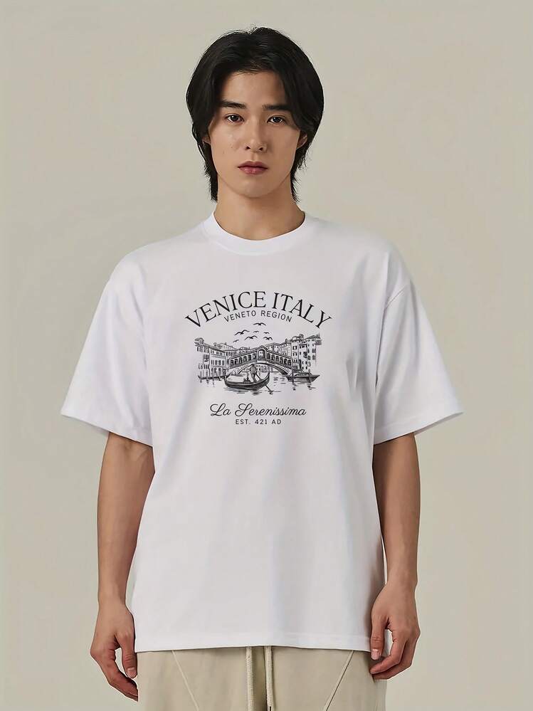 イタリア ベニス デザイン 白 T シャツ ショートスリーブ | SHEIN JAPAN